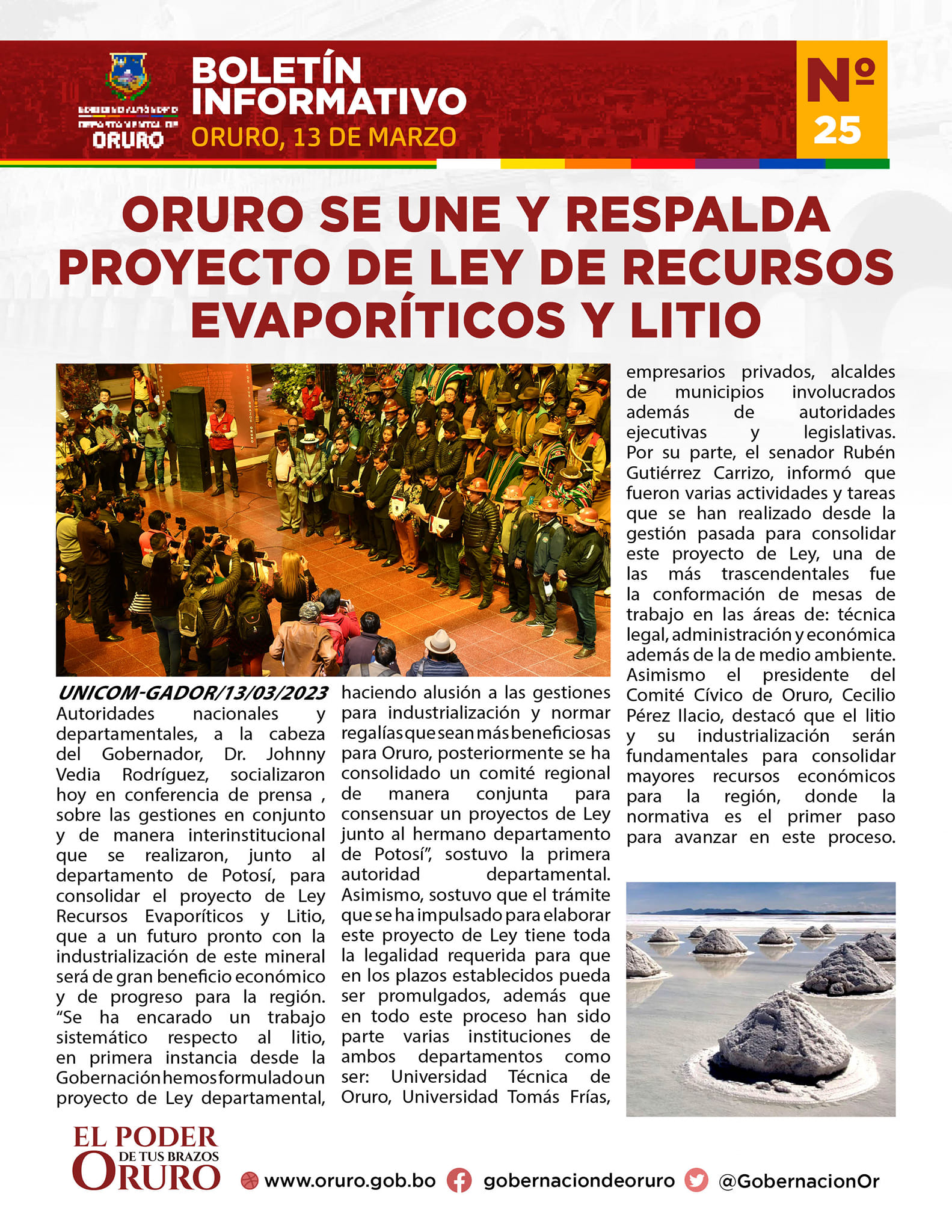 Oruro se une y respalda proyecto de Ley de recursos evaporíticos y litio