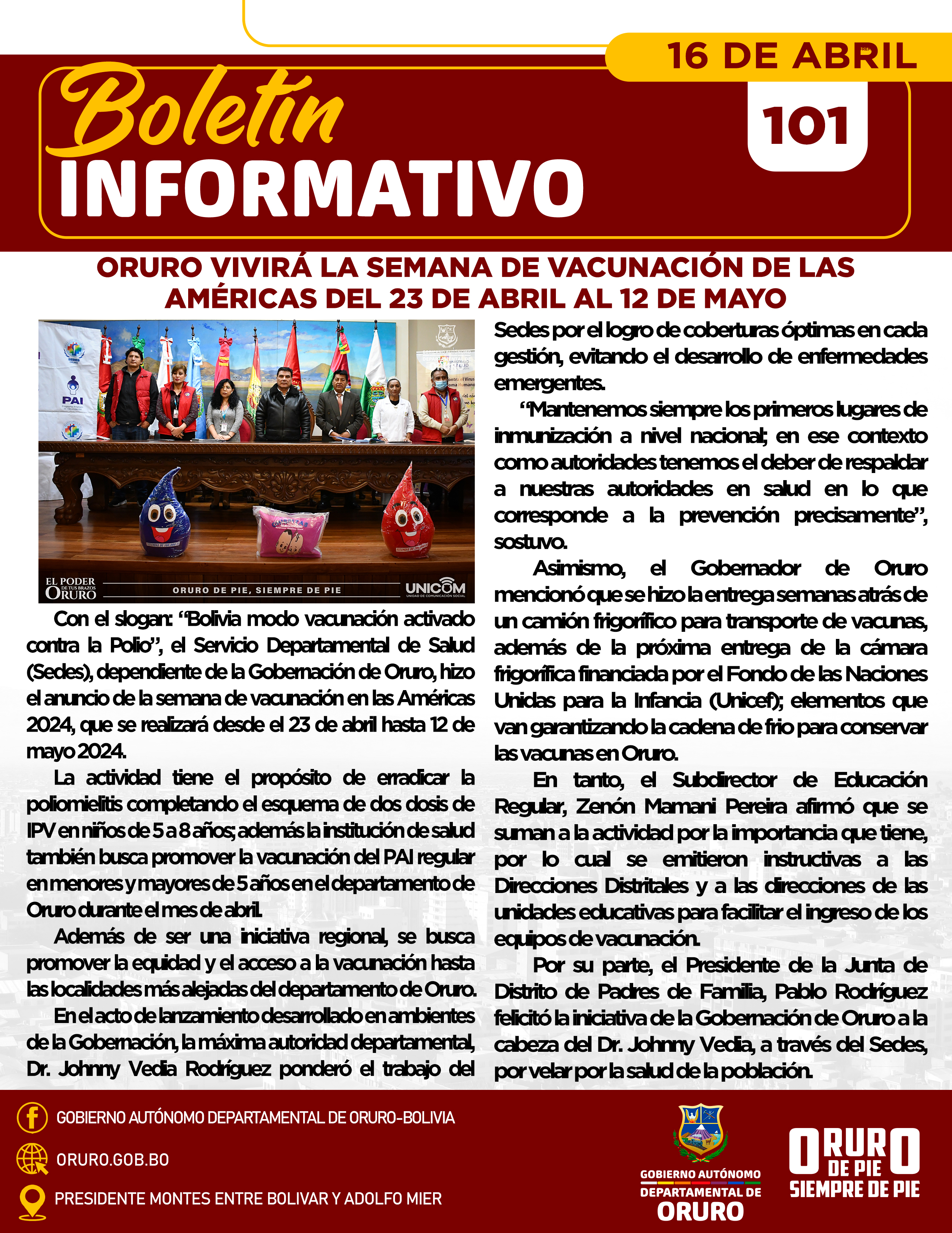 Oruro vivirá la Semana de Vacunación de las Américas del 23 de abril al 12 de mayo