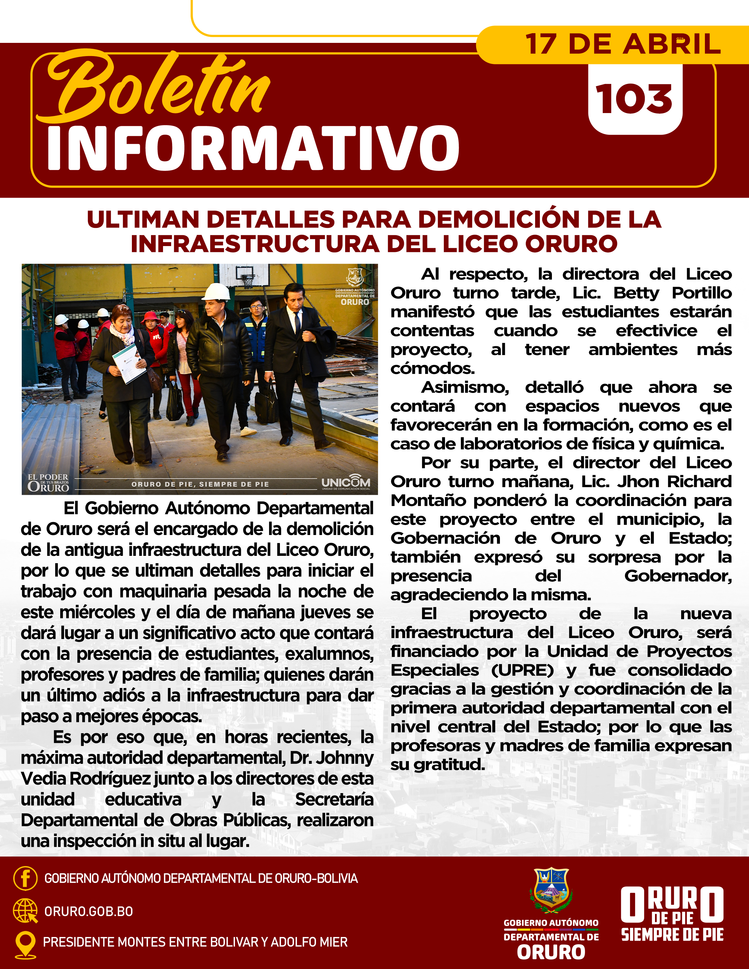 Ultiman detalles para demolición de la infraestructura del Liceo Oruro