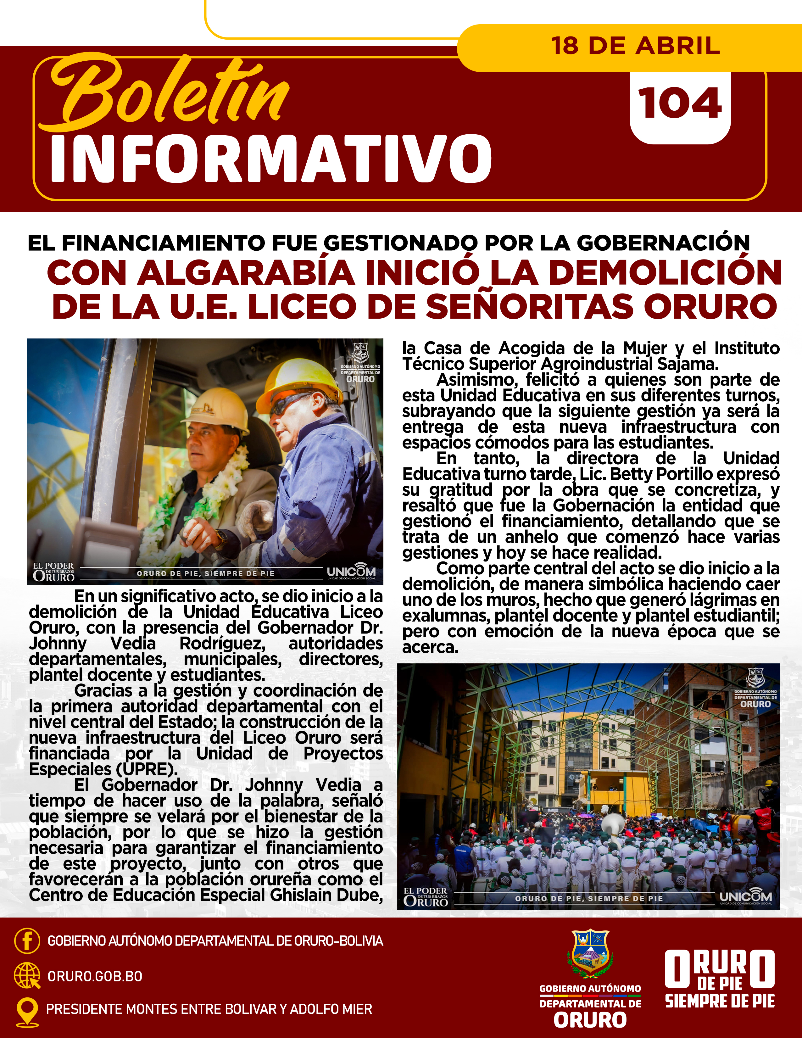 El financiamiento fue gestionado por la Gobernación, Con algarabía inició la demolición de la U.E. Liceo de Señoritas Oruro