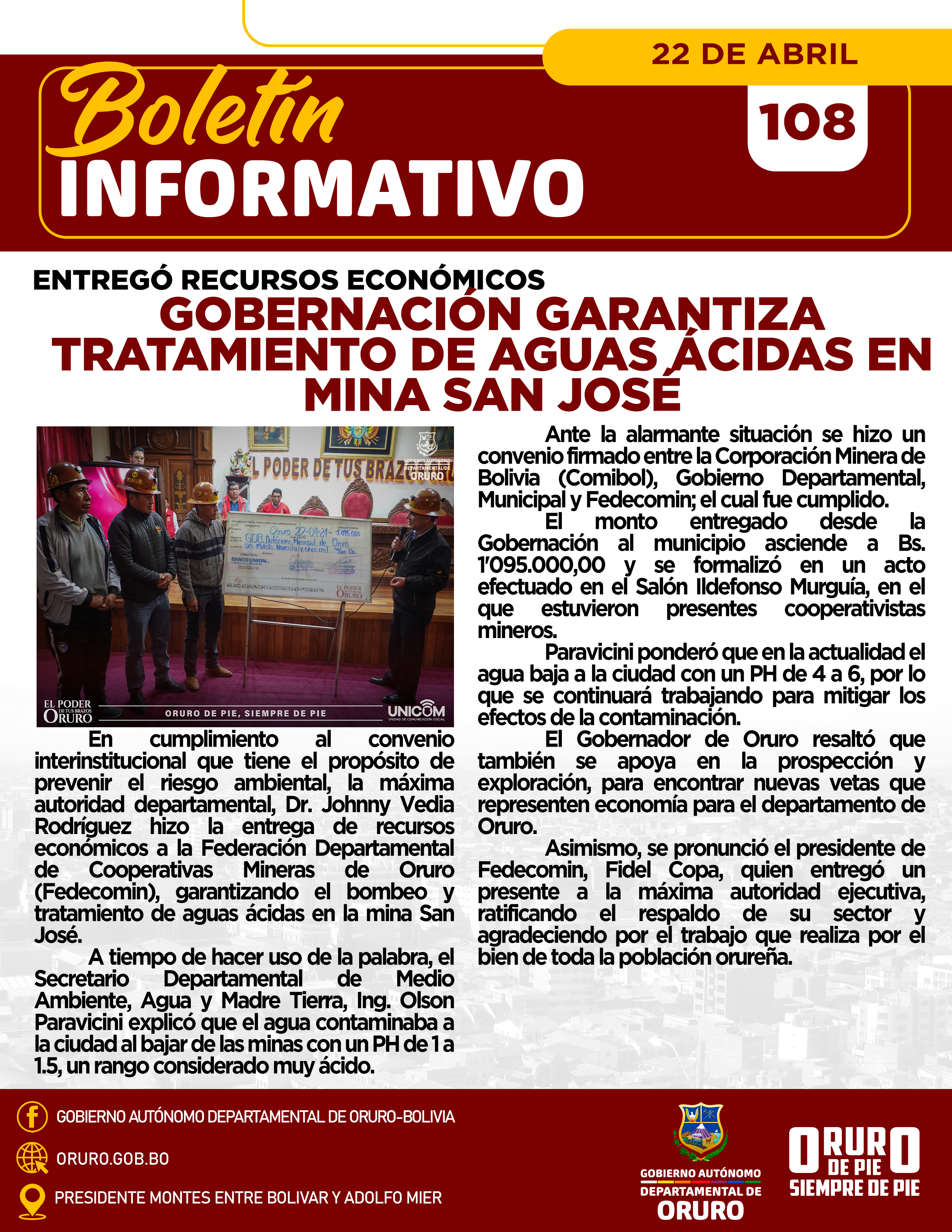 Gobernación garantiza tratamiento de aguas ácidas en mina San José