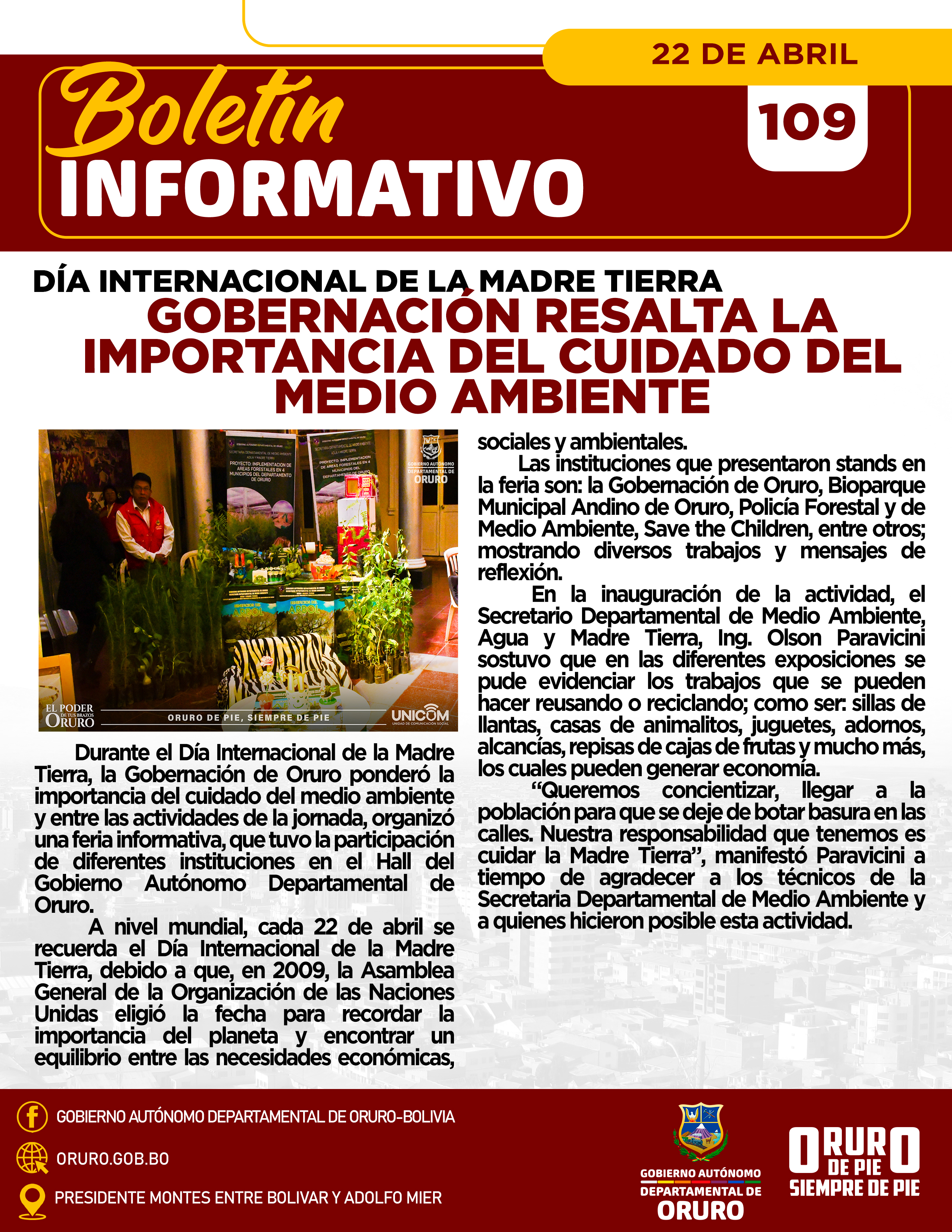 Día Internacional de la Madre Tierra, Gobernación resalta la importancia del cuidado del Medio Ambiente