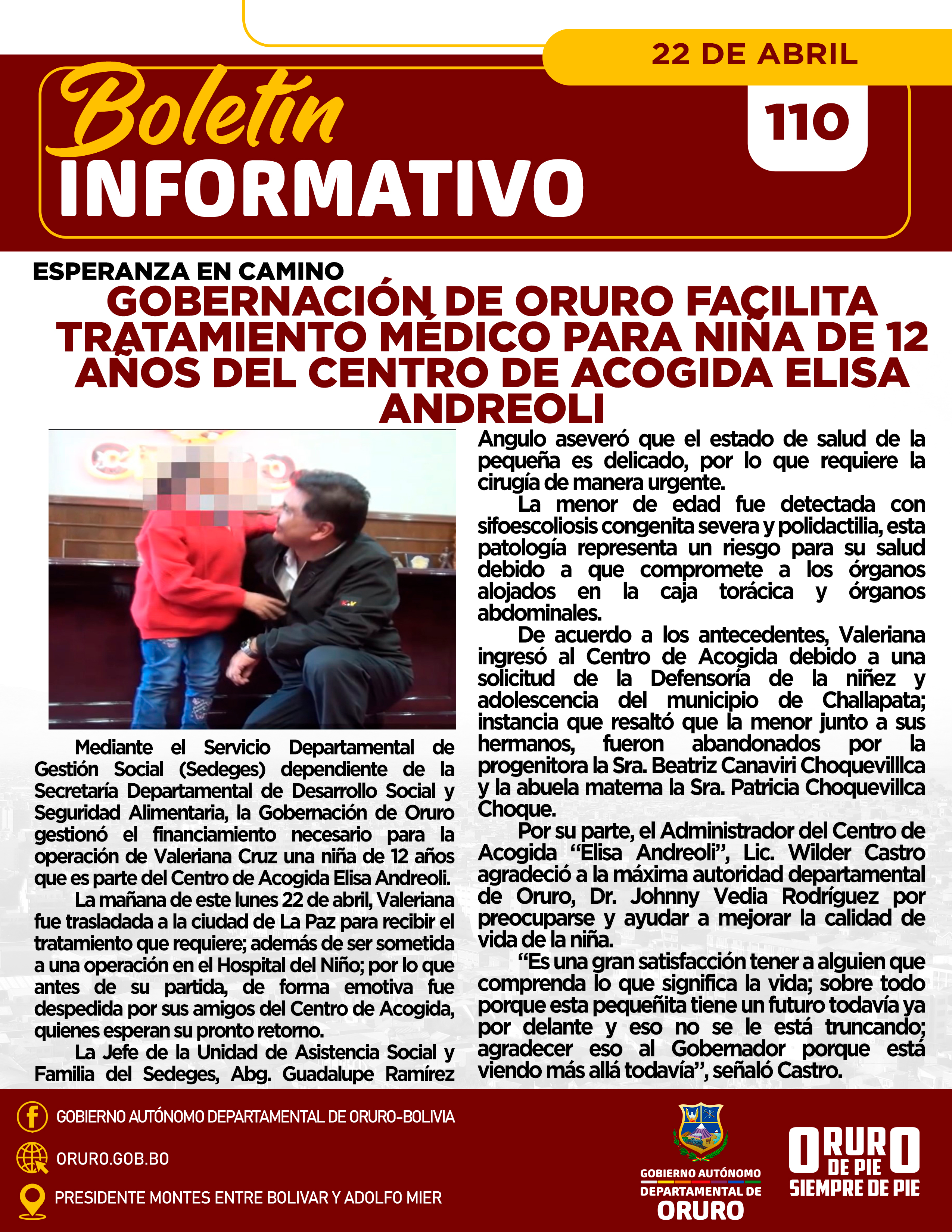 Esperanza en camino, Gobernación de Oruro facilita tratamiento médico para niña de 12 años del Centro de Acogida Elisa Andreoli