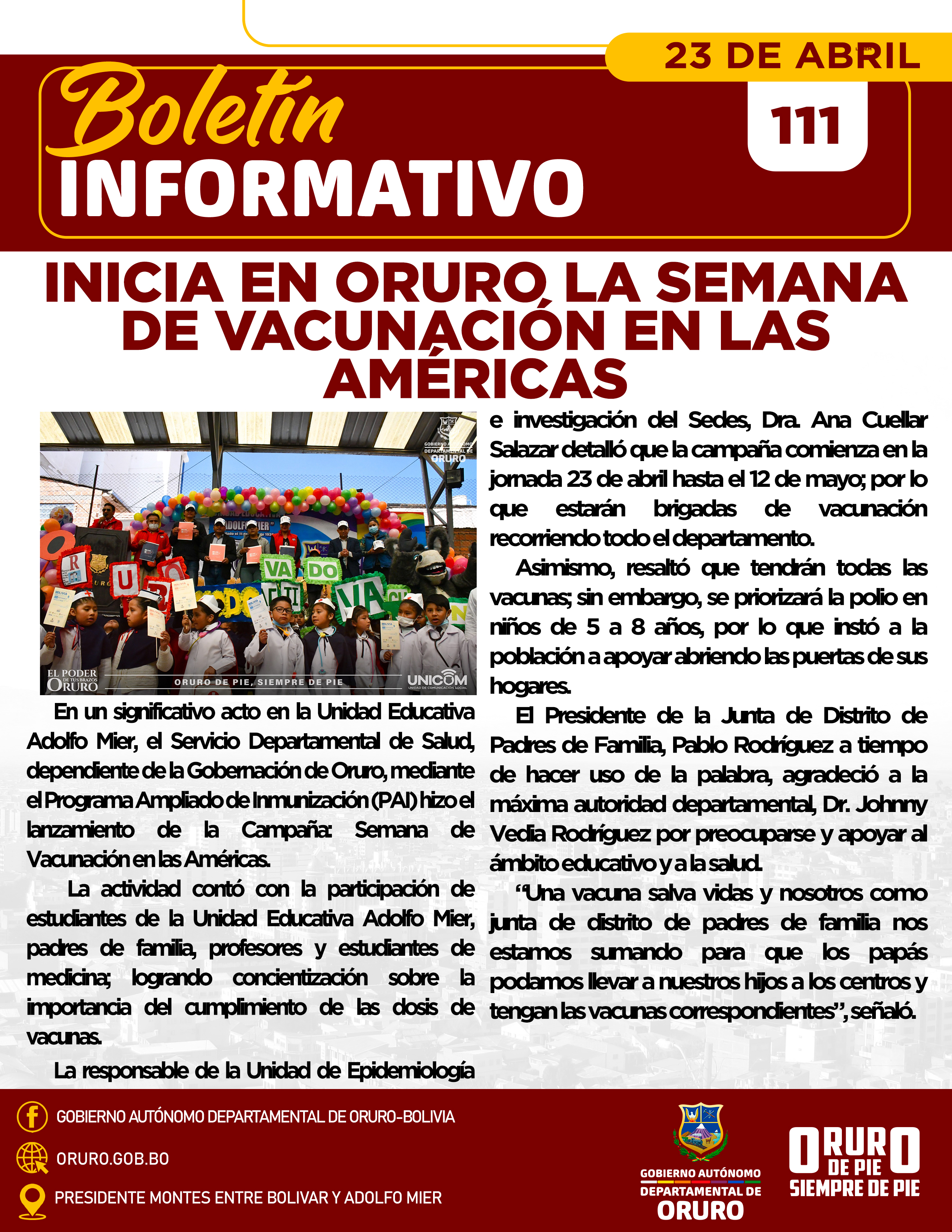 Inicia en Oruro la Semana de Vacunación en las Américas