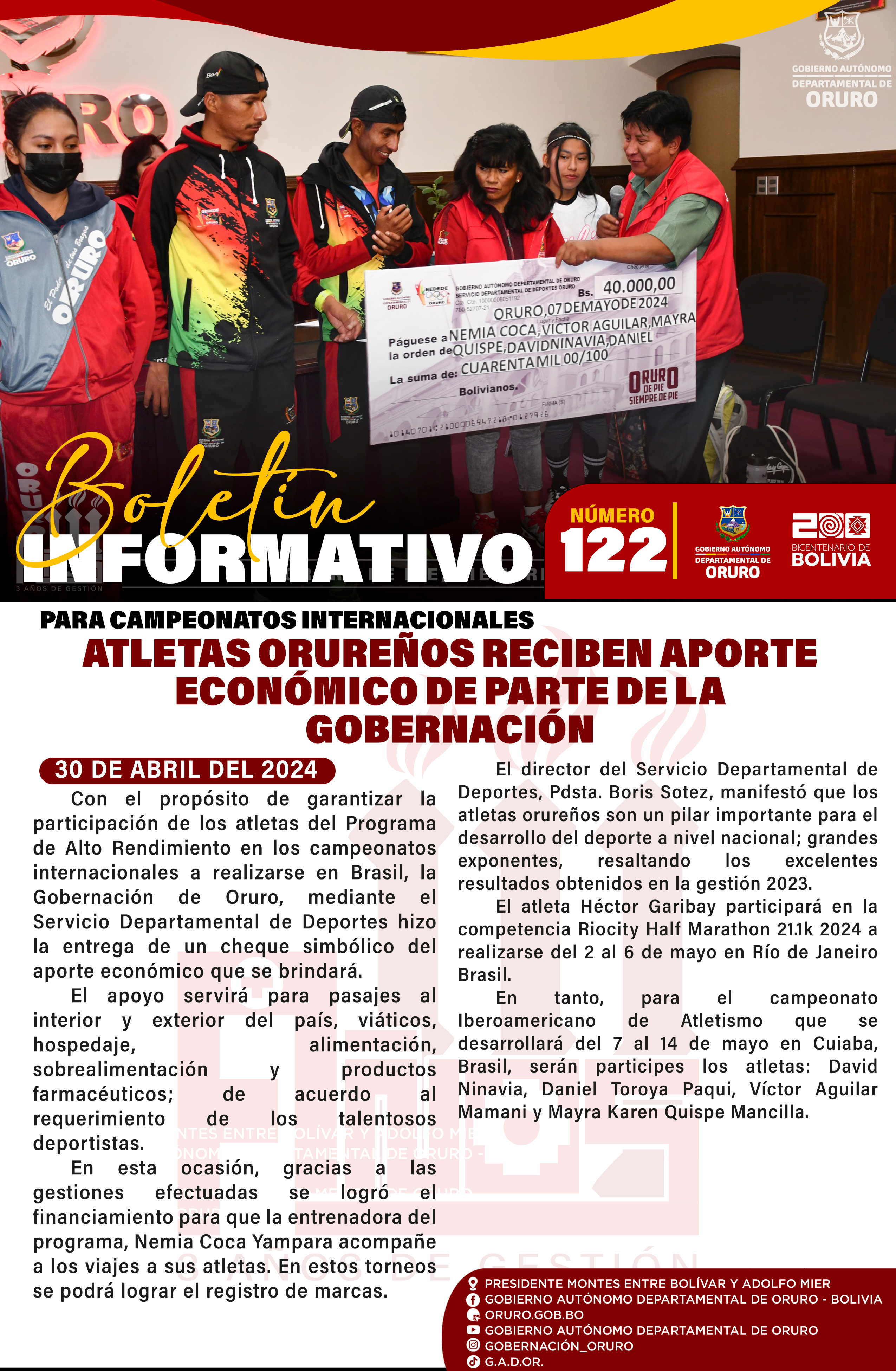 Para campeonatos internacionales, Atletas orureños reciben aporte económico de parte de la Gobernación