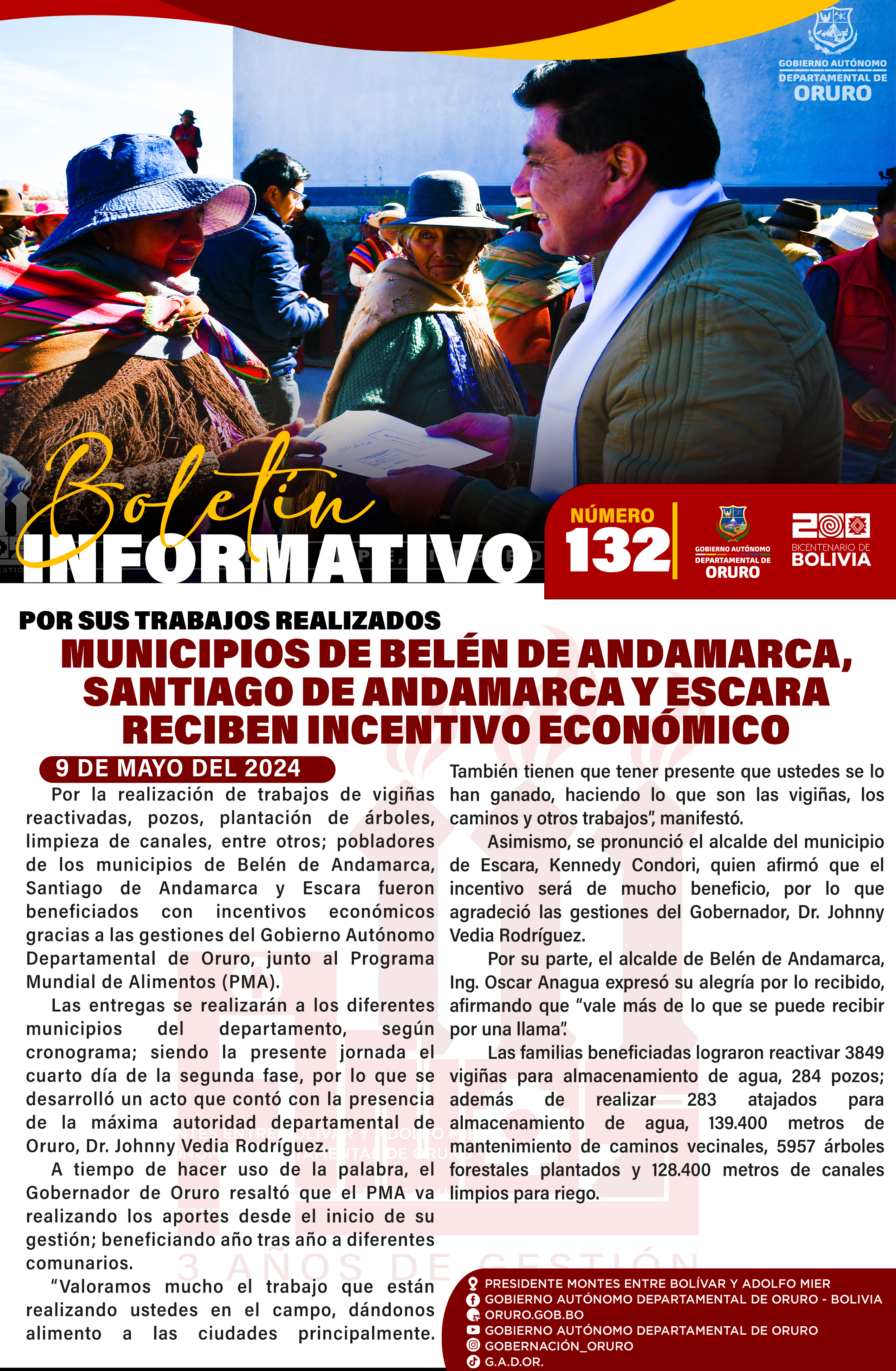 Por sus trabajos realizados, municipios de Belén de Andamarca, Santiago de Andamarca y Escara reciben incentivo económico