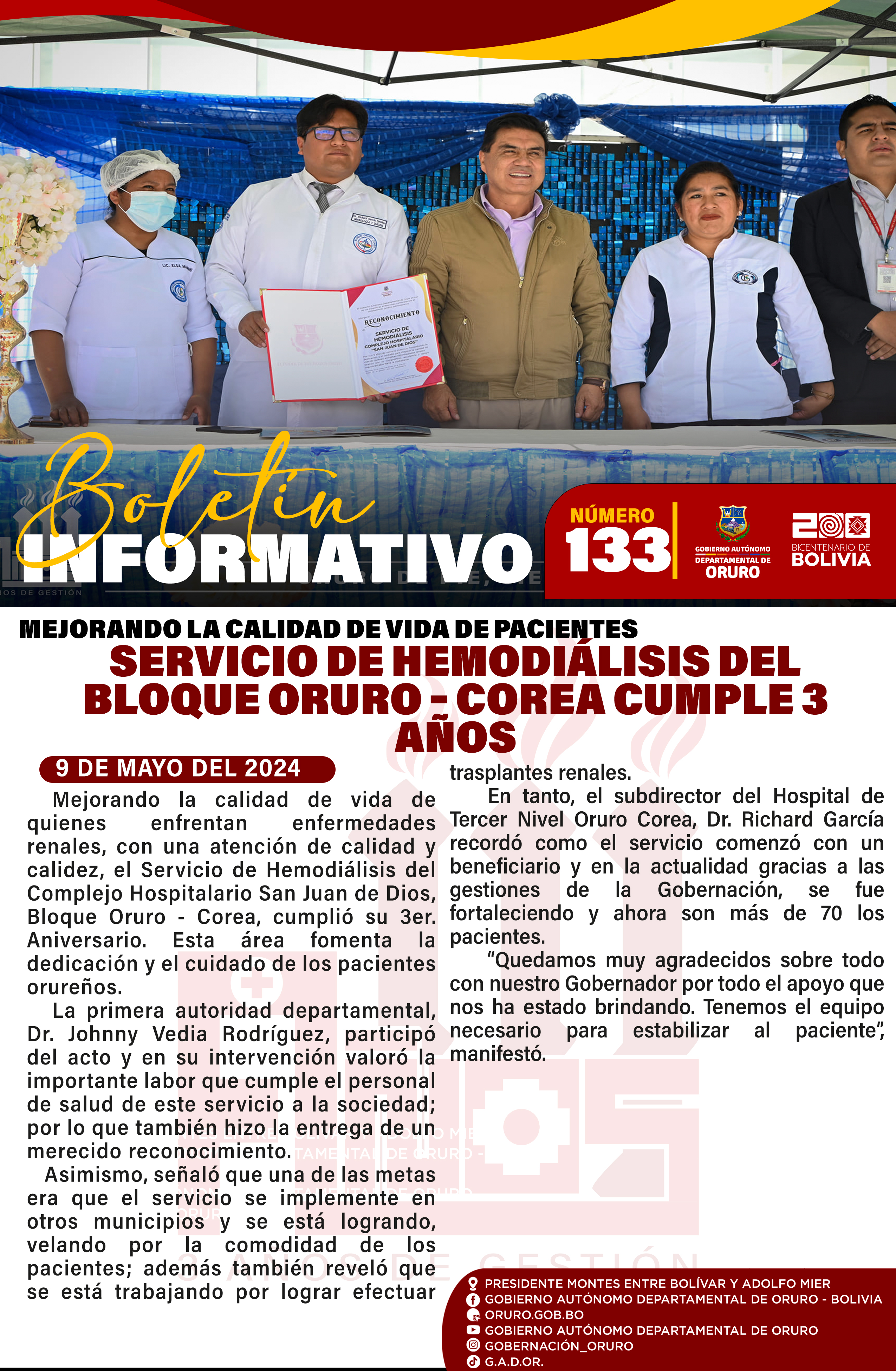 Servicio de Hemodiálisis del Bloque Oruro – Corea cumple 3 años mejorando la calidad de vida de pacientes